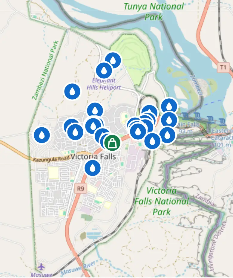 Map of Ecodrop refill stations across Victoria Falls