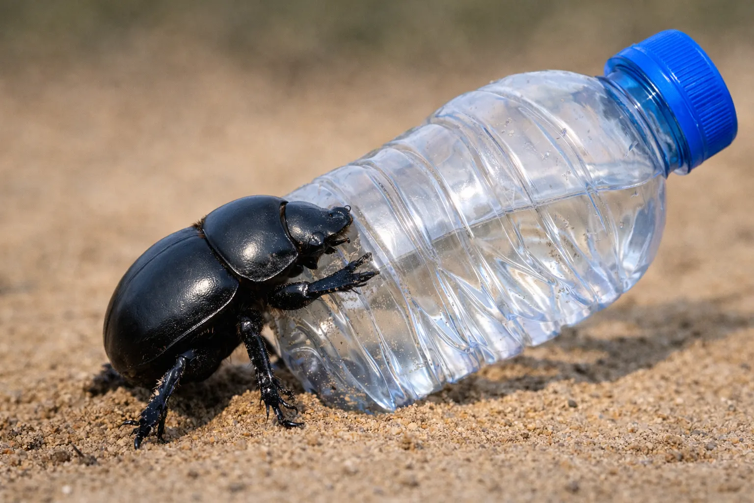 A dung beetle beside a discarded plastic water bottle on dry ground