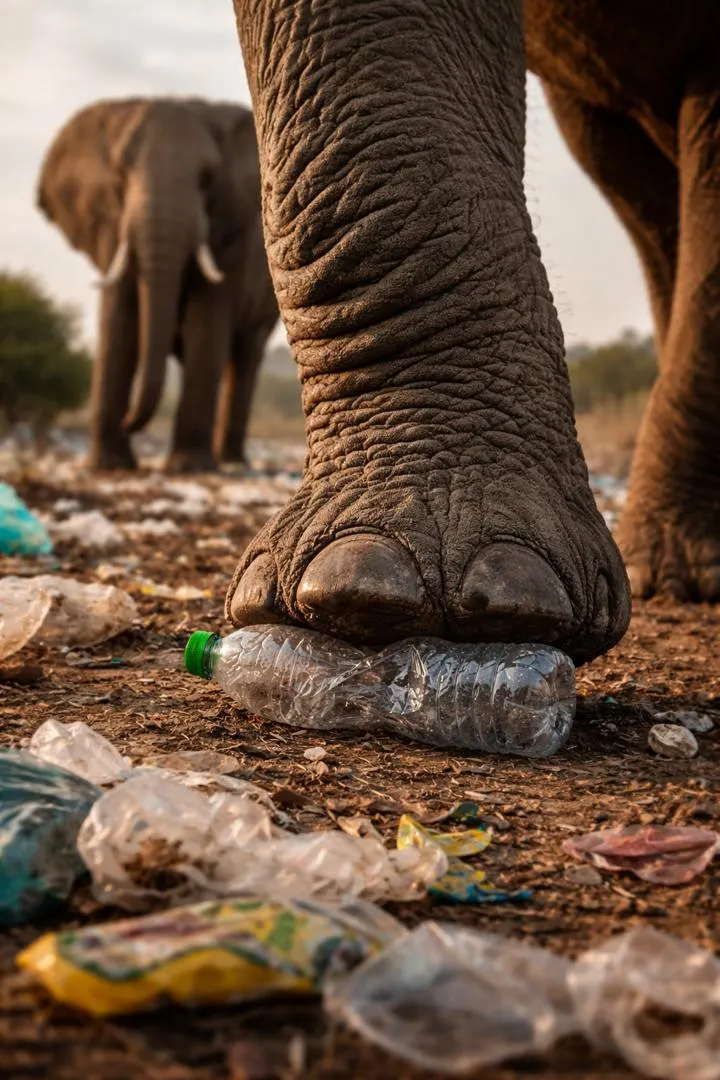 An elephant's foot beside plastic waste