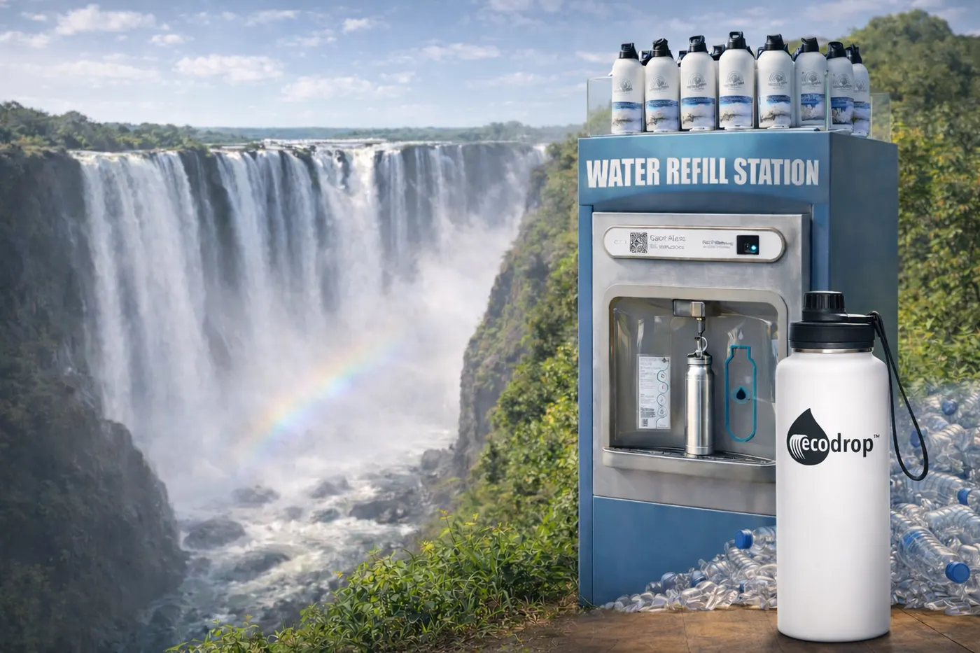 An Ecodrop refill station and a white Ecodrop bottle in front of Victoria Falls