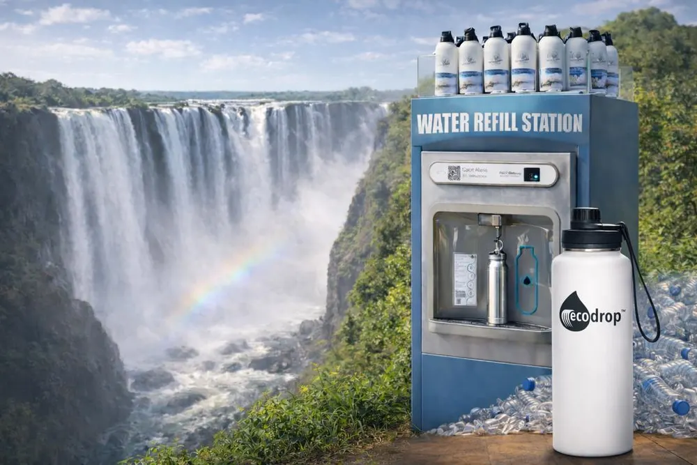Under-sink reverse osmosis unit next to Ecodrop bottles