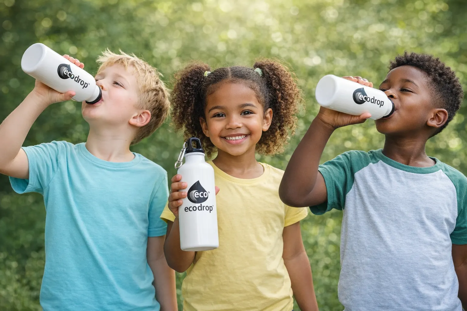 Three children drinking from Ecodrop bottles
