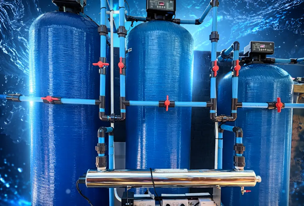 Blue water treatment vessels installed in a plant room