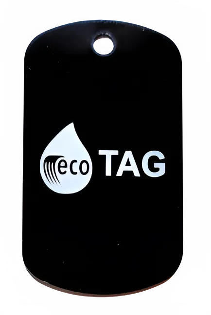 Ecodrop Eco Tag, a black dog tag with the Ecodrop QR